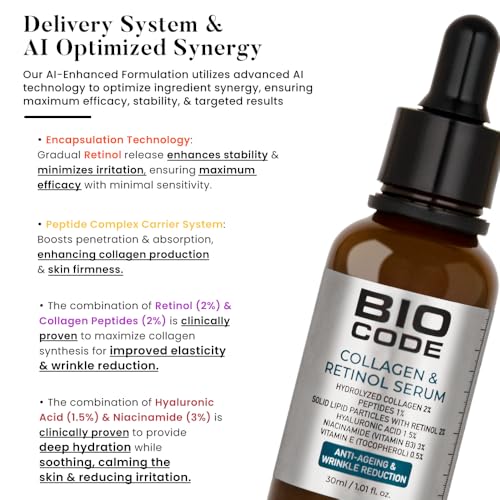Bio Code Hydrolyzed Collagen 2% & Peptides 1%, Solid Lipid Particle with Retinol 2% Hyaluronic Acid 1.5%, Niacinamide(Vitamin B3) 3% Vitamin E (Tocopherol) 0.5% Serum - Advanced Anti-Aging with Hyaluronic Acid | AI-Enhanced Formula | Dermatologist Recommended