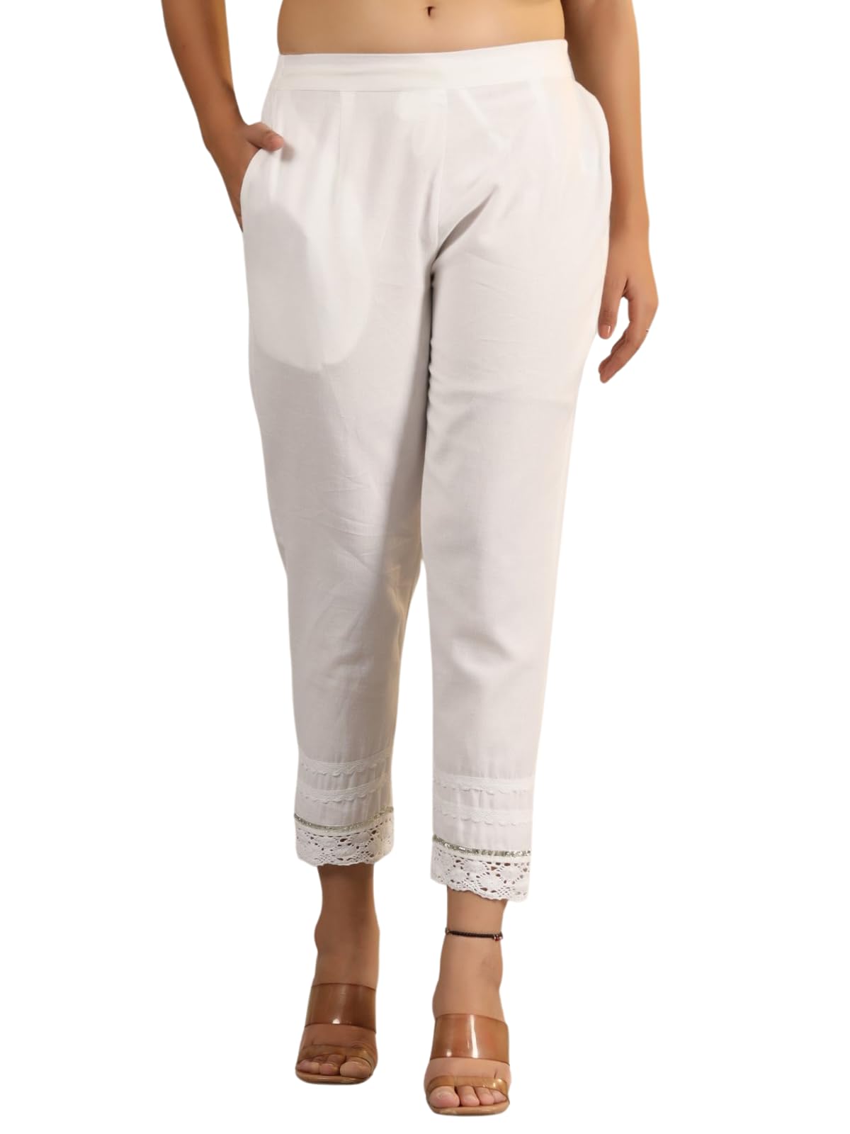 Juniper Women's Off White Soild Cotton Flex Pants With Lace Work - Distacart