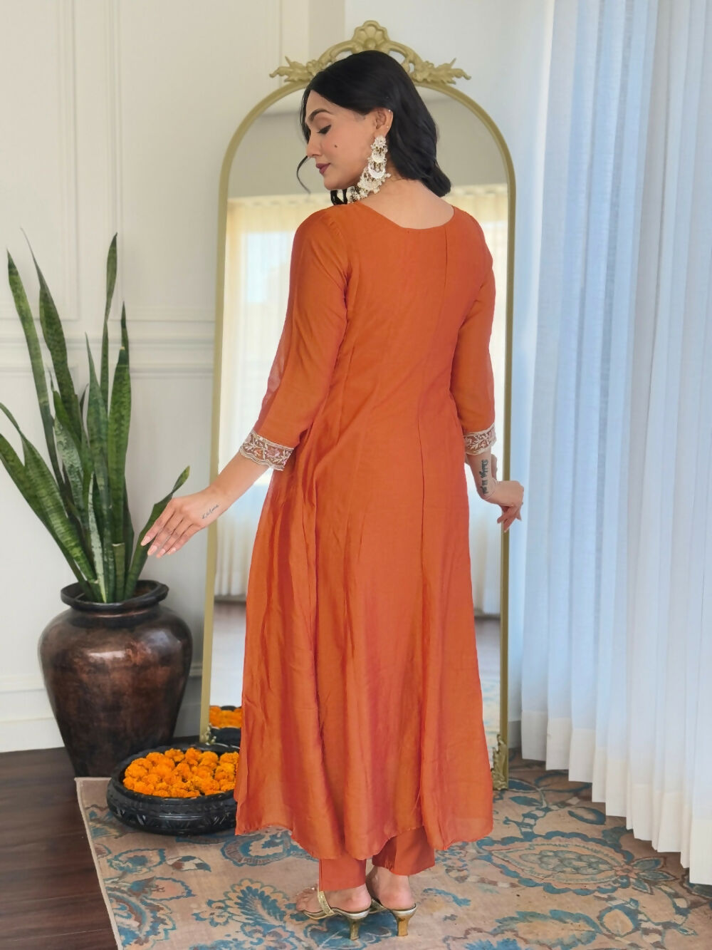 Divine Drape Women's Vichitra Silk Embroidered Flared Kurta Pant With Dupatta - Orange