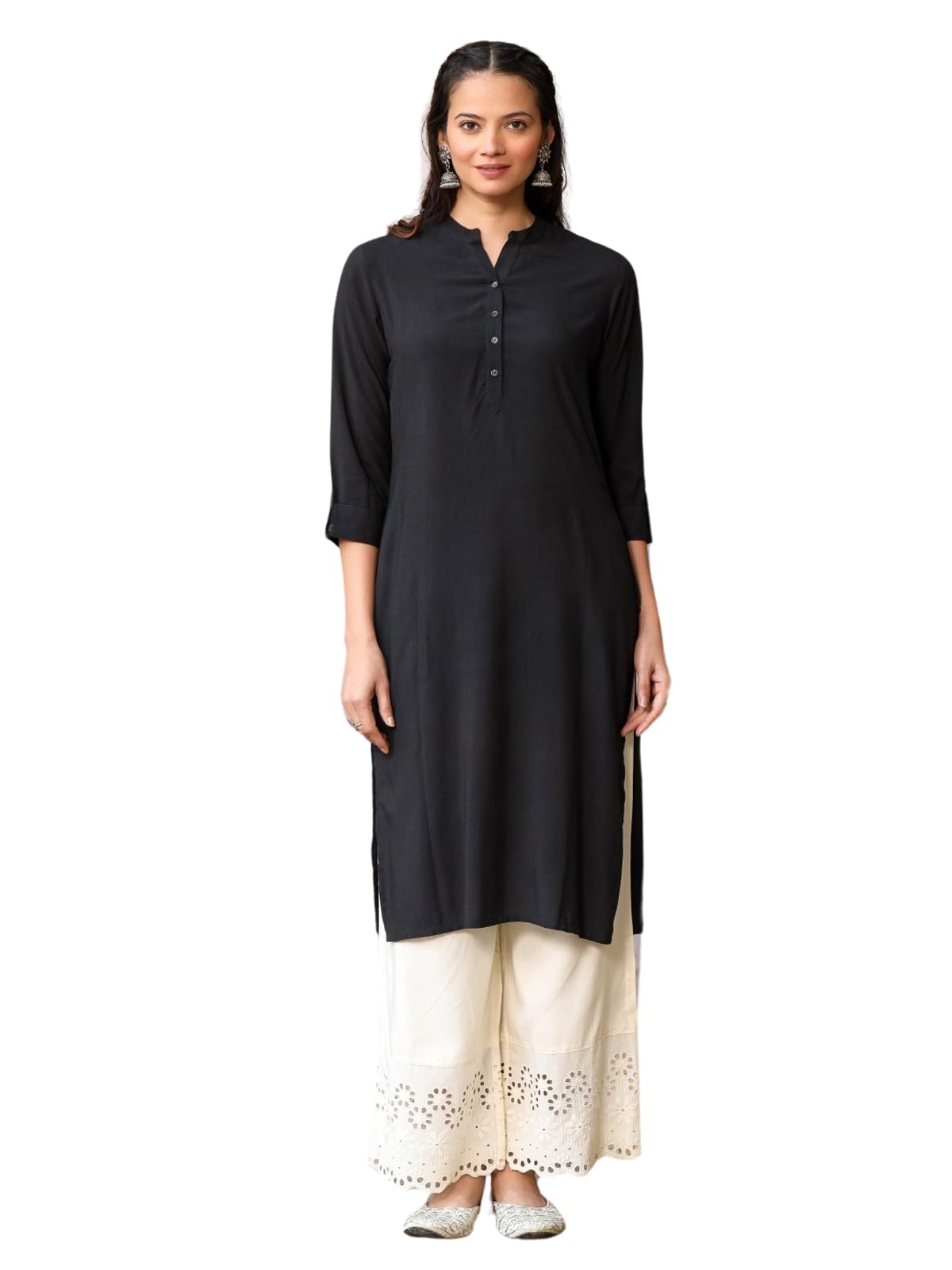 Juniper Women's Black Solid Modal Rayon Straight Kurta With Half Placket At Front - Distacart
