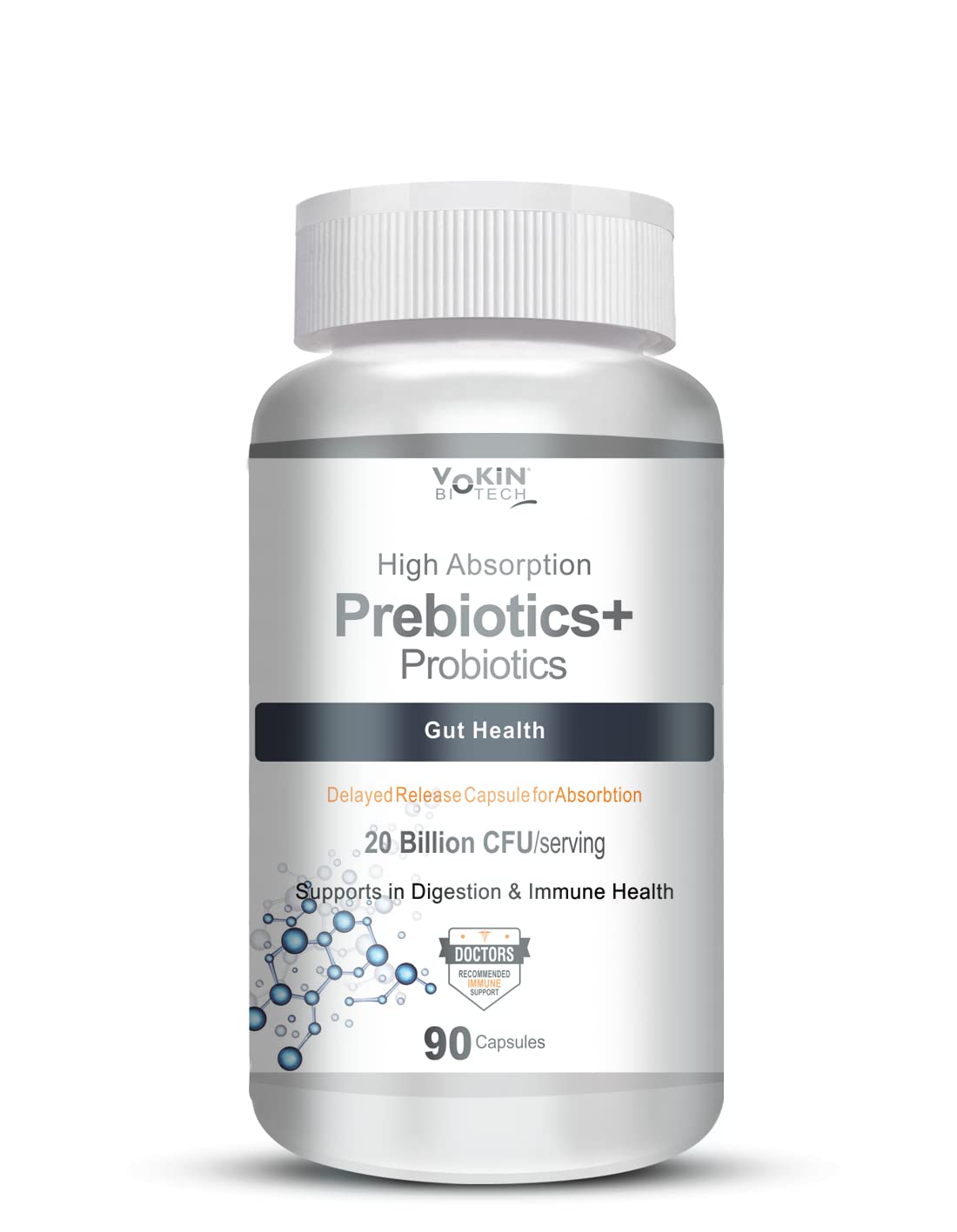 Vokin Biotech Prebiotics + Probiotics 20 Billion Cfu Supplement with Delayed-Release Capsules for Temperature Stable, Digestion and Immune Health (90 capsules)