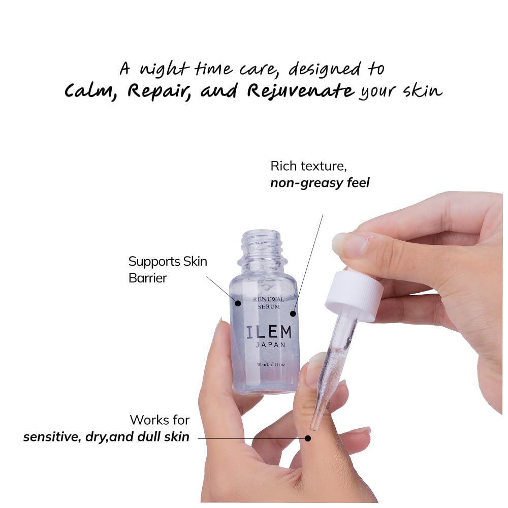 ILEM JAPAN Renewal Serum | Capsule Technology Night Face Serum (PM) Retinol Alternative | Bakuchiol Serum for Men & Women Face | Peptides + Stable Vitamin C | Skin Barrier Support | All Skin Types