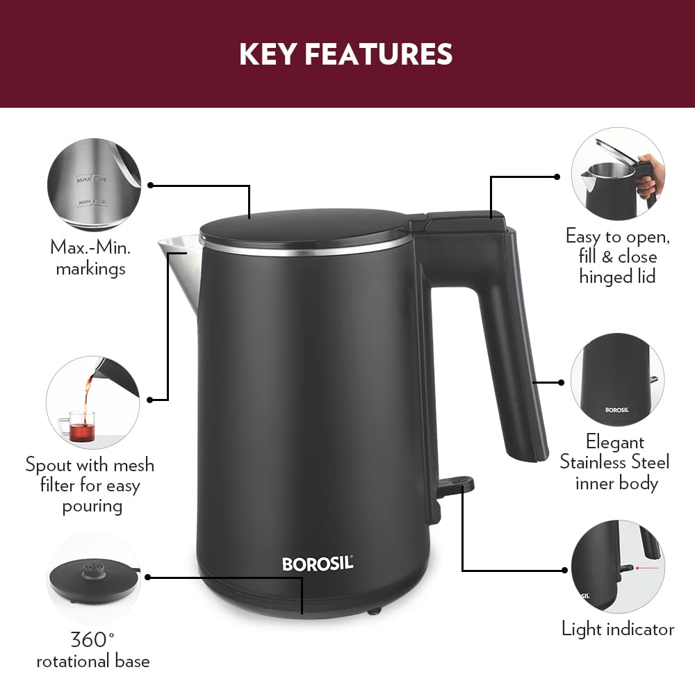 Borosil 1 L 1200W Stainless Steel Cool touch Electric Kettle - Dista