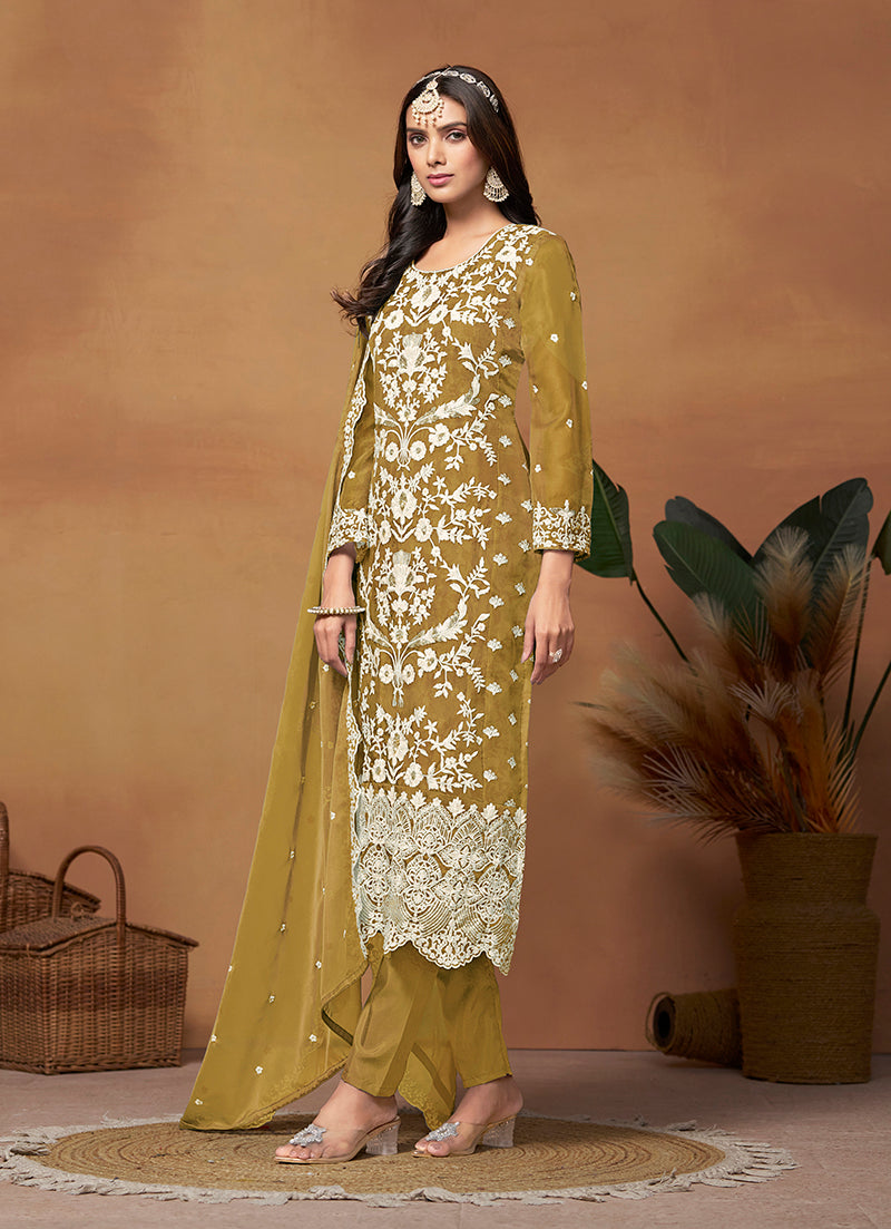 Monjolika Fashion Olive Colour Embroidered Soft Organza Straight Suit With Dupatta
