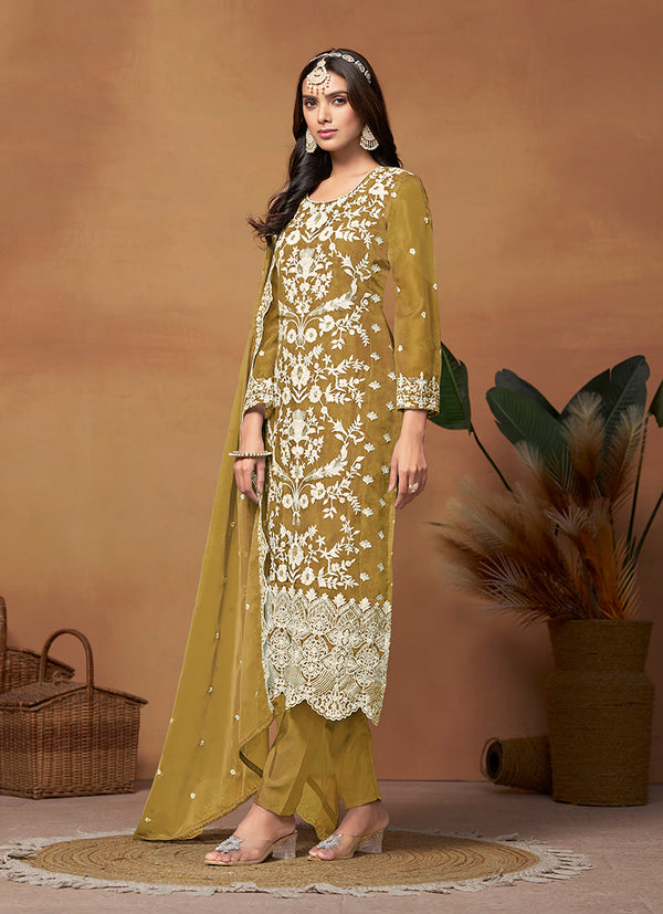 Monjolika Fashion Olive Colour Embroidered Soft Organza Straight Suit With Dupatta
