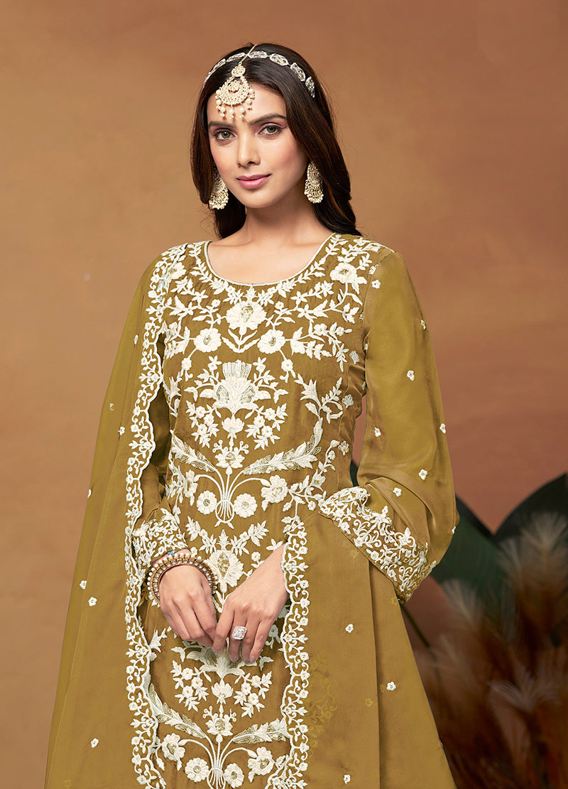 Monjolika Fashion Olive Colour Embroidered Soft Organza Straight Suit With Dupatta