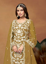 Thumbnail for Monjolika Fashion Olive Colour Embroidered Soft Organza Straight Suit With Dupatta