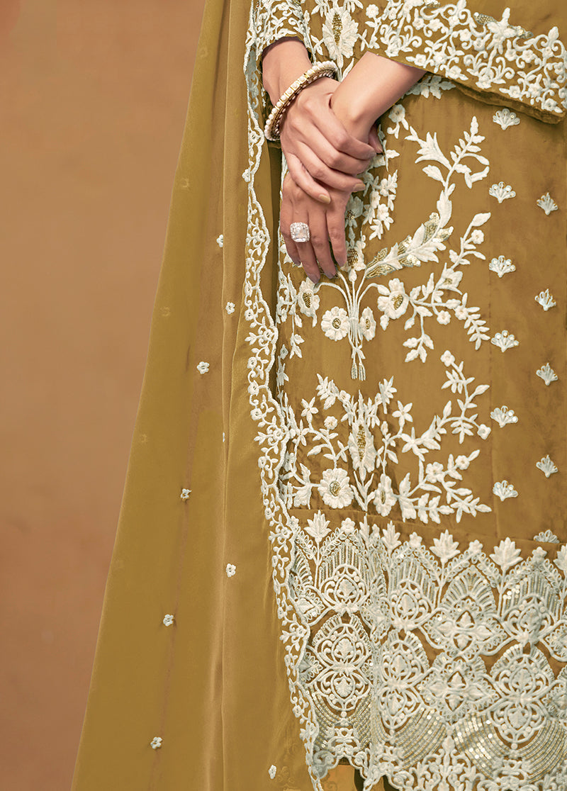Monjolika Fashion Olive Colour Embroidered Soft Organza Straight Suit With Dupatta