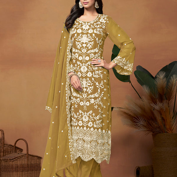 Monjolika Fashion Olive Colour Embroidered Soft Organza Straight Suit With Dupatta - Distacart