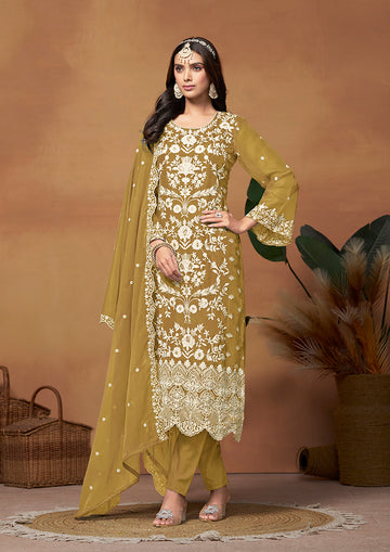 Monjolika Fashion Olive Colour Embroidered Soft Organza Straight Suit With Dupatta - Distacart