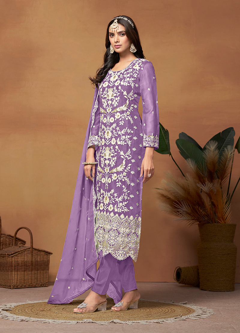 Monjolika Fashion Lavender Colour Embroidered Soft Organza Straight Suit With Dupatta