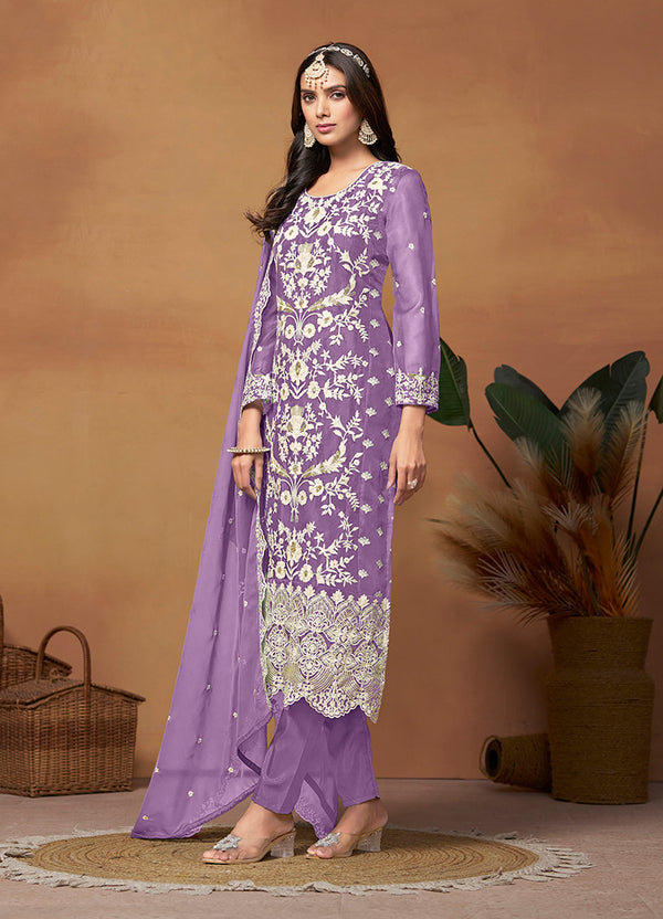 Monjolika Fashion Lavender Colour Embroidered Soft Organza Straight Suit With Dupatta
