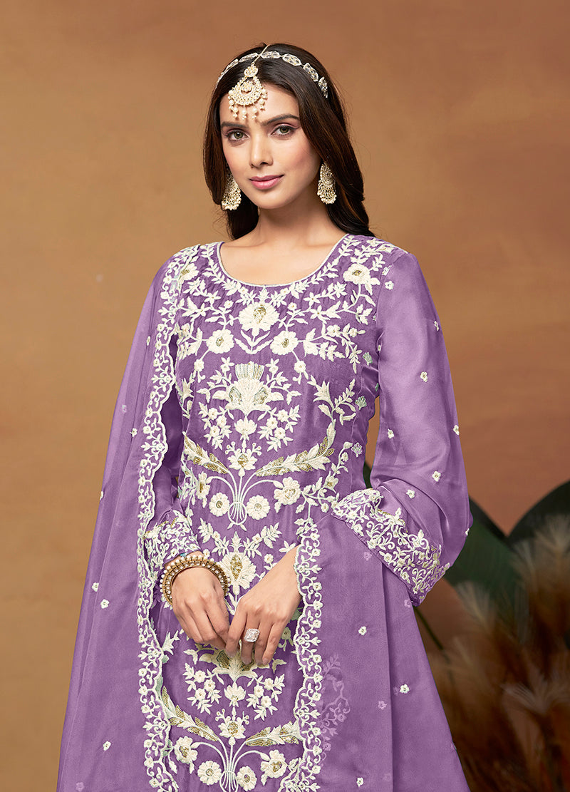 Monjolika Fashion Lavender Colour Embroidered Soft Organza Straight Suit With Dupatta