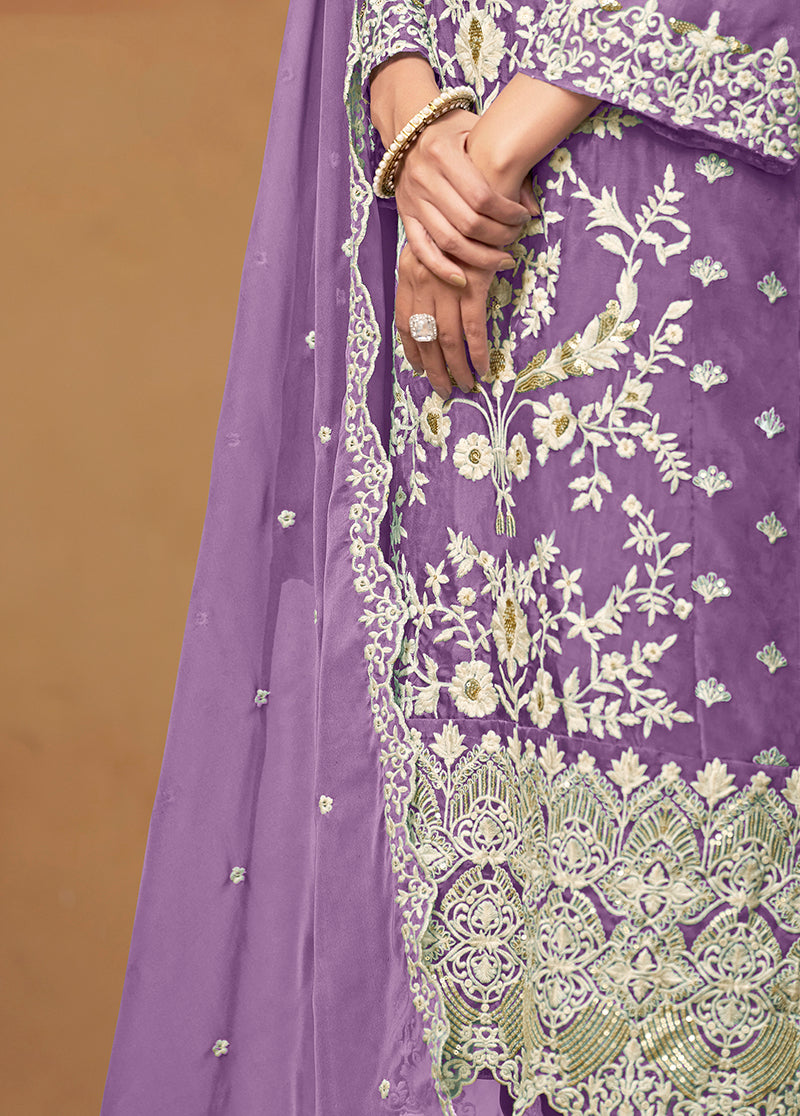 Monjolika Fashion Lavender Colour Embroidered Soft Organza Straight Suit With Dupatta