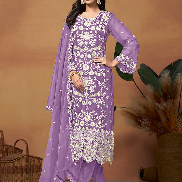 Monjolika Fashion Lavender Colour Embroidered Soft Organza Straight Suit With Dupatta - Distacart