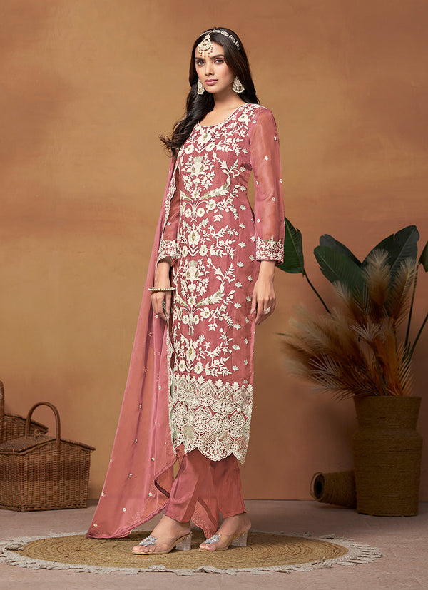 Monjolika Fashion Dark Mauve Colour Embroidered Soft Organza Straight Suit With Dupatta