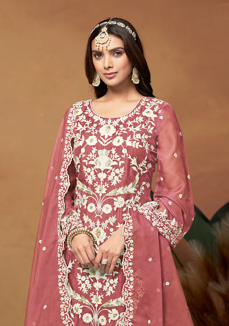 Monjolika Fashion Dark Mauve Colour Embroidered Soft Organza Straight Suit With Dupatta