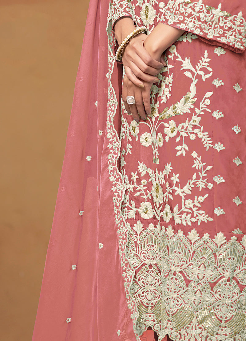 Monjolika Fashion Dark Mauve Colour Embroidered Soft Organza Straight Suit With Dupatta