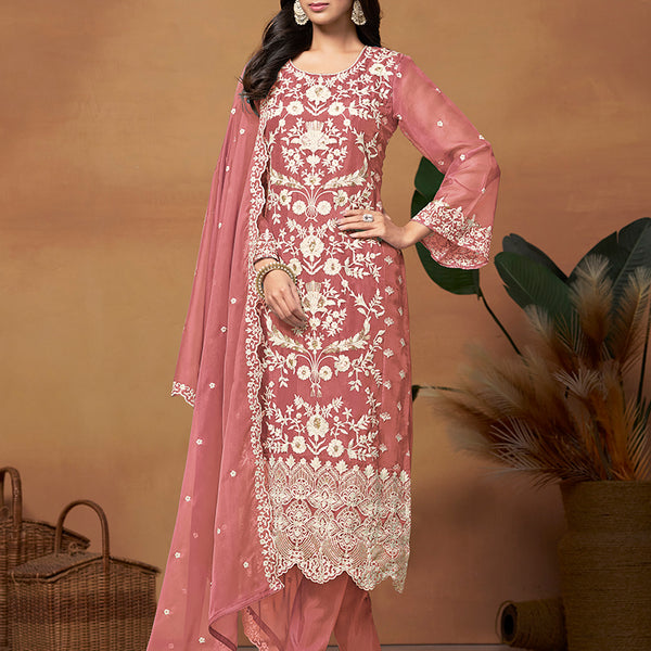 Monjolika Fashion Dark Mauve Colour Embroidered Soft Organza Straight Suit With Dupatta - Distacart