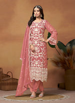 Thumbnail for Monjolika Fashion Dark Mauve Colour Embroidered Soft Organza Straight Suit With Dupatta