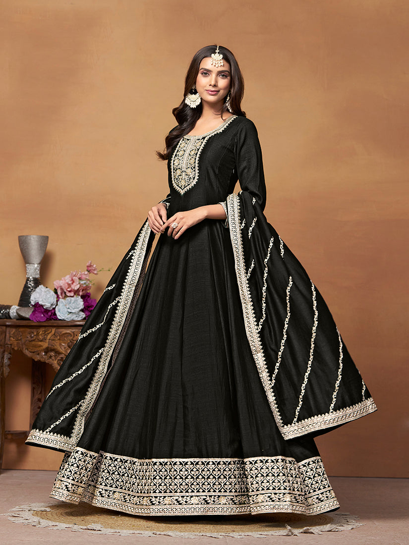 Monjolika Fashion Black Colour Art Silk Designer Anarkali Dress