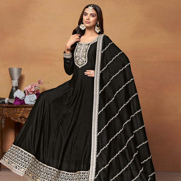 Monjolika Fashion Black Colour Art Silk Designer Anarkali Dress - Distacart