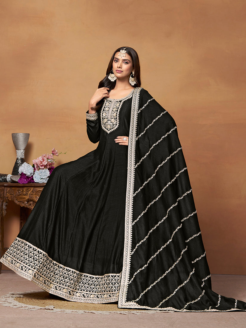 Monjolika Fashion Black Colour Art Silk Designer Anarkali Dress - Distacart