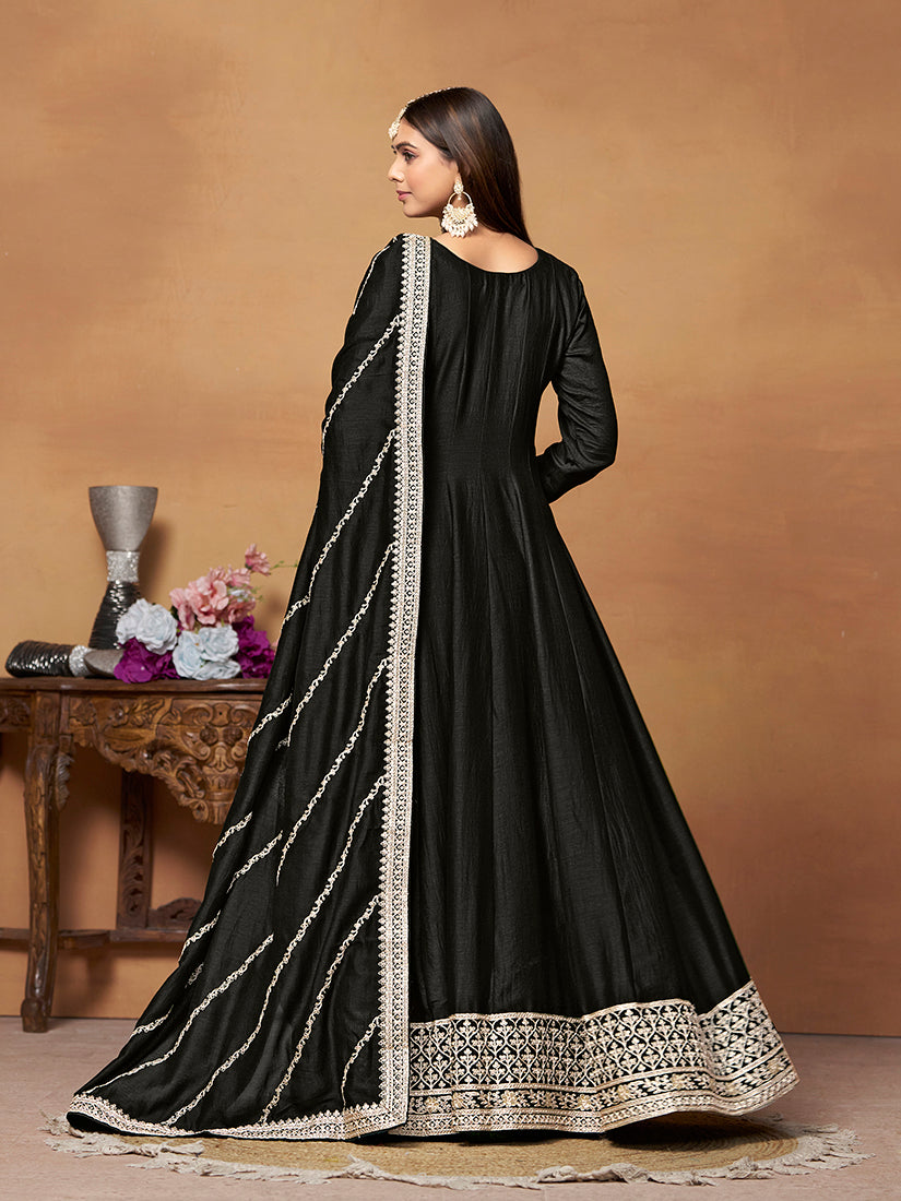 Monjolika Fashion Black Colour Art Silk Designer Anarkali Dress