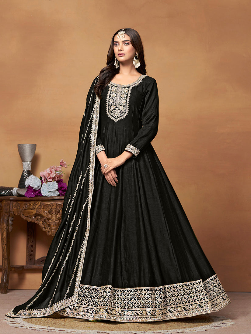 Monjolika Fashion Black Colour Art Silk Designer Anarkali Dress