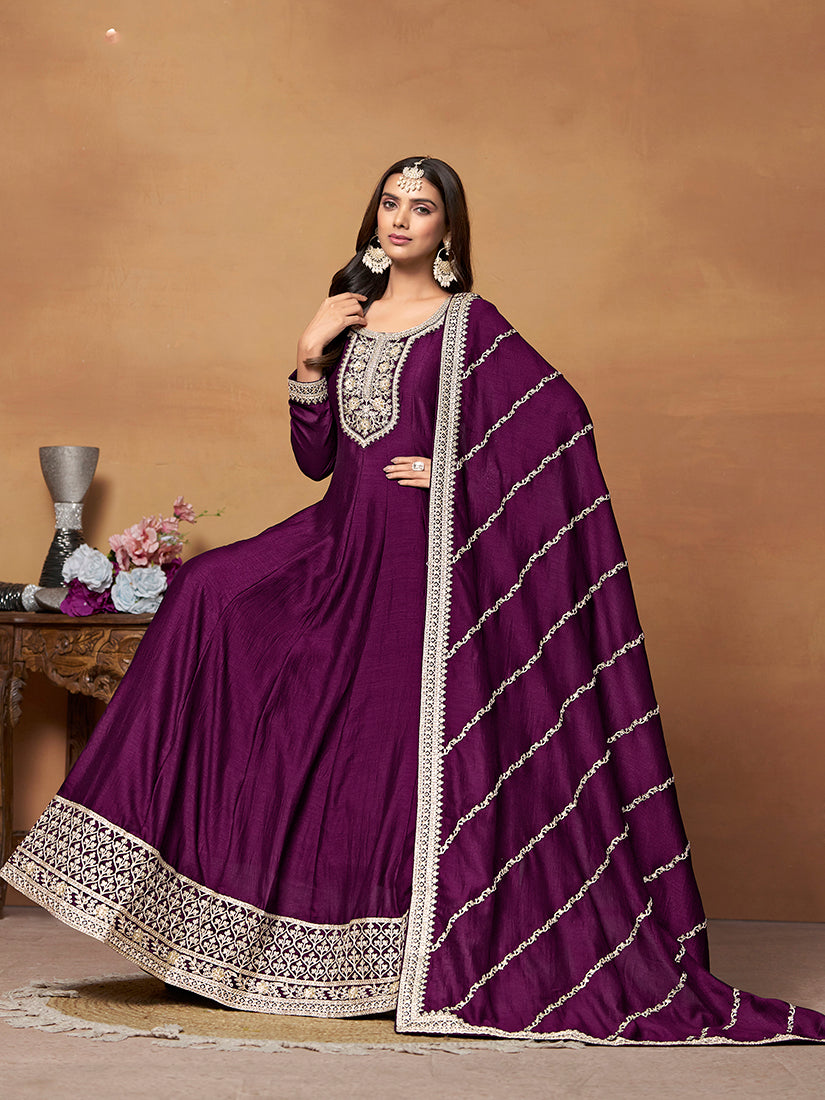 Monjolika Fashion Purple Colour Art Silk Designer Anarkali Dress
