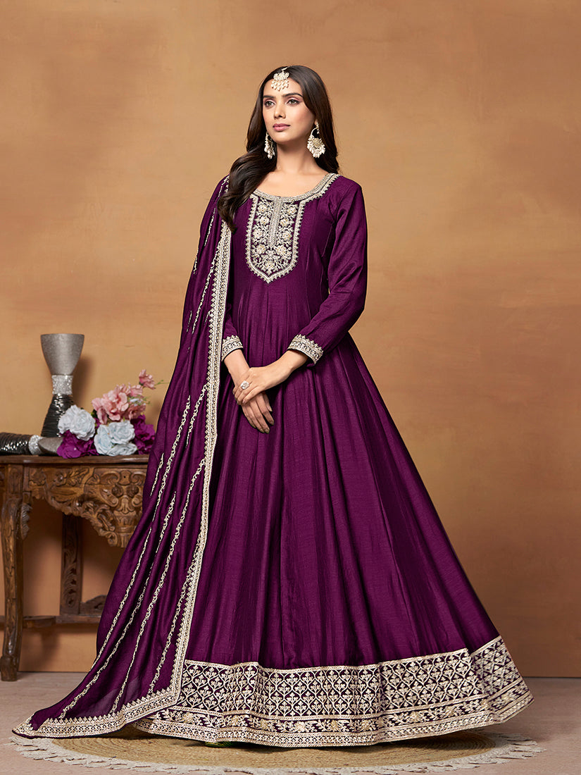 Monjolika Fashion Purple Colour Art Silk Designer Anarkali Dress - Distacart
