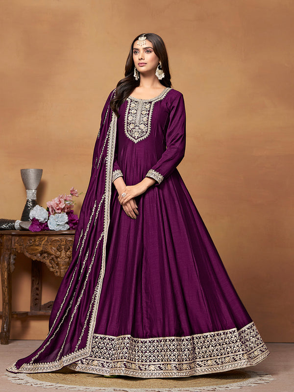 anarkali dress purple colour Lavender Anarkali Gown: Embroidered Georgette Indian Dress With Dupatta