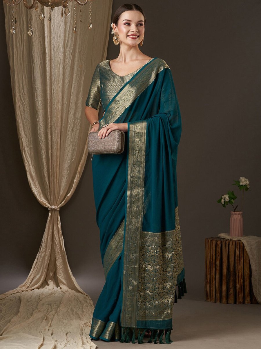 Anouk Teal & Gold-Toned Zari Pure Georgette Kanjeevaram Saree - Distacart