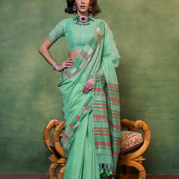 Monjolika Fashion Light Green Colour Cotton Handloom Lightwear Saree For Women - Distacart
