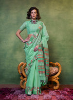 Thumbnail for Monjolika Fashion Light Green Colour Cotton Handloom Lightwear Saree For Women