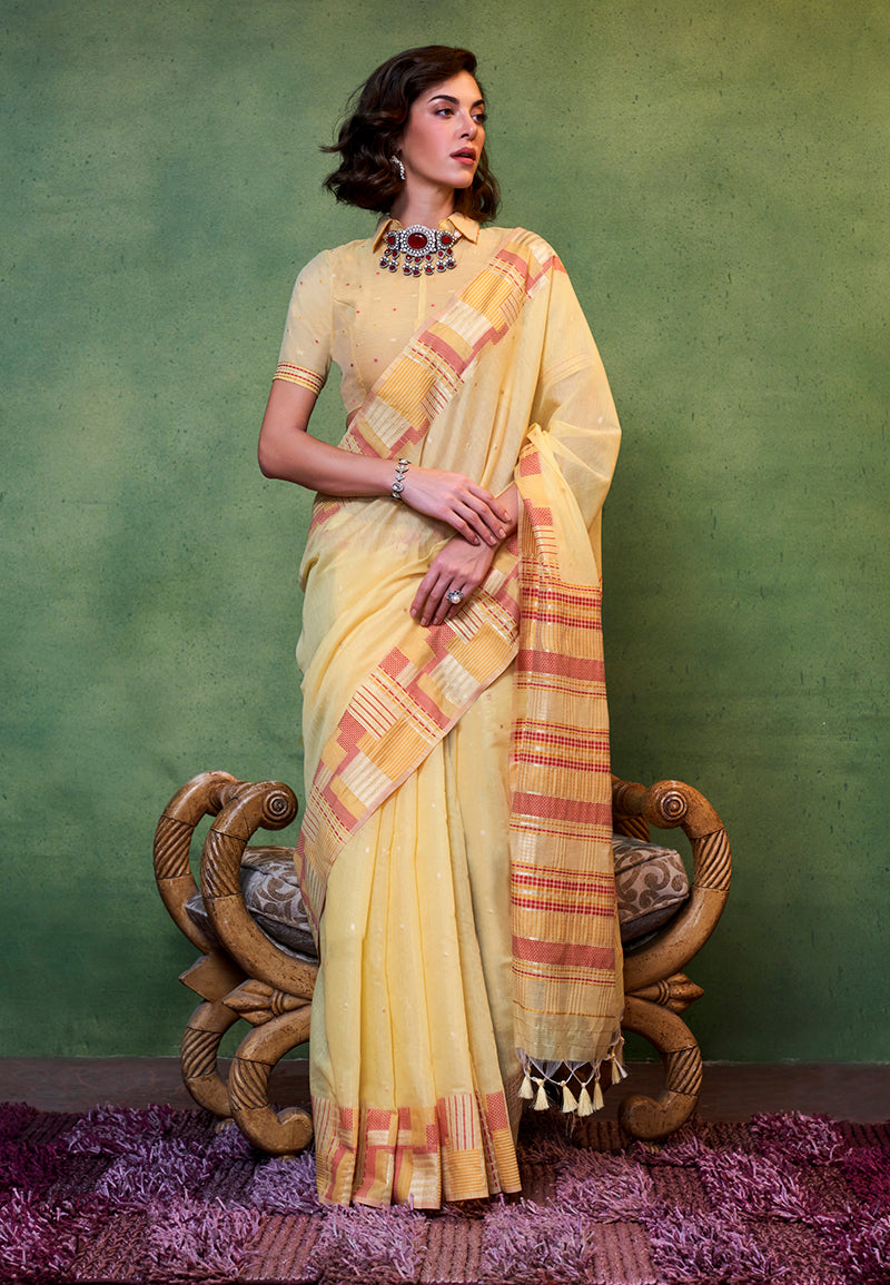 Monjolika Fashion Light Yellow Colour Cotton Handloom Lightwear Saree For Women
