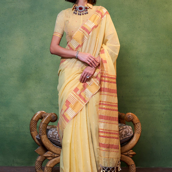 Monjolika Fashion Light Yellow Colour Cotton Handloom Lightwear Saree For Women - Distacart
