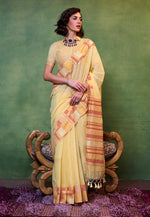 Thumbnail for Monjolika Fashion Light Yellow Colour Cotton Handloom Lightwear Saree For Women