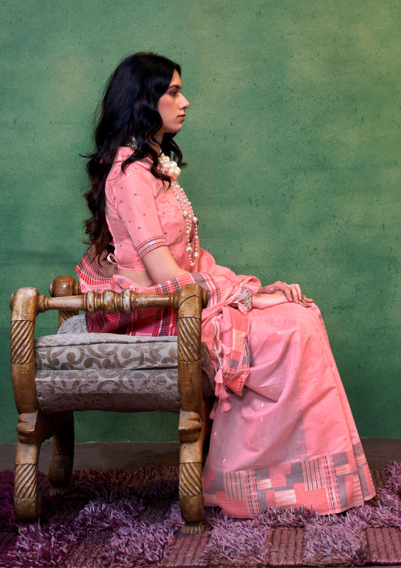 Monjolika Fashion Rose Pink Colour Cotton Handloom Lightwear Saree For Women