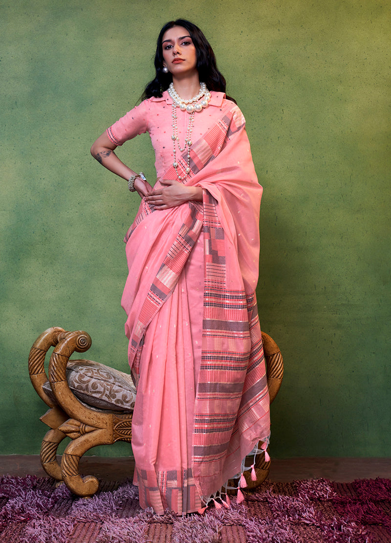Monjolika Fashion Rose Pink Colour Cotton Handloom Lightwear Saree For Women