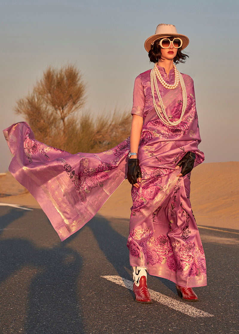 Monjolika Fashion Dark Magenta Color Printed Tussar Silk Designer Saree Online