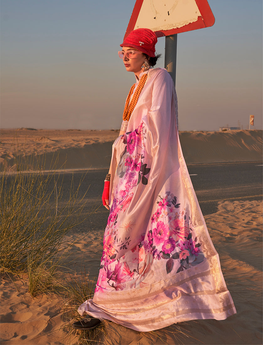 Monjolika Fashion Beige Color Printed Tussar Silk Designer Saree Online