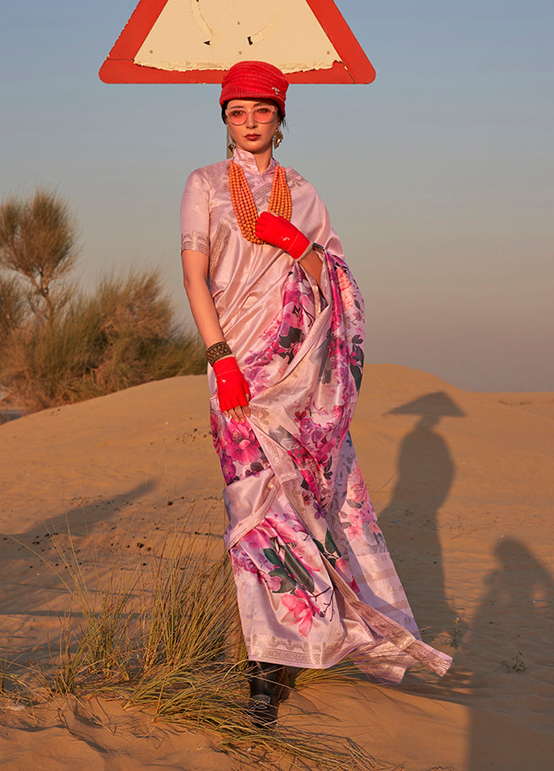 Monjolika Fashion Beige Color Printed Tussar Silk Designer Saree Online