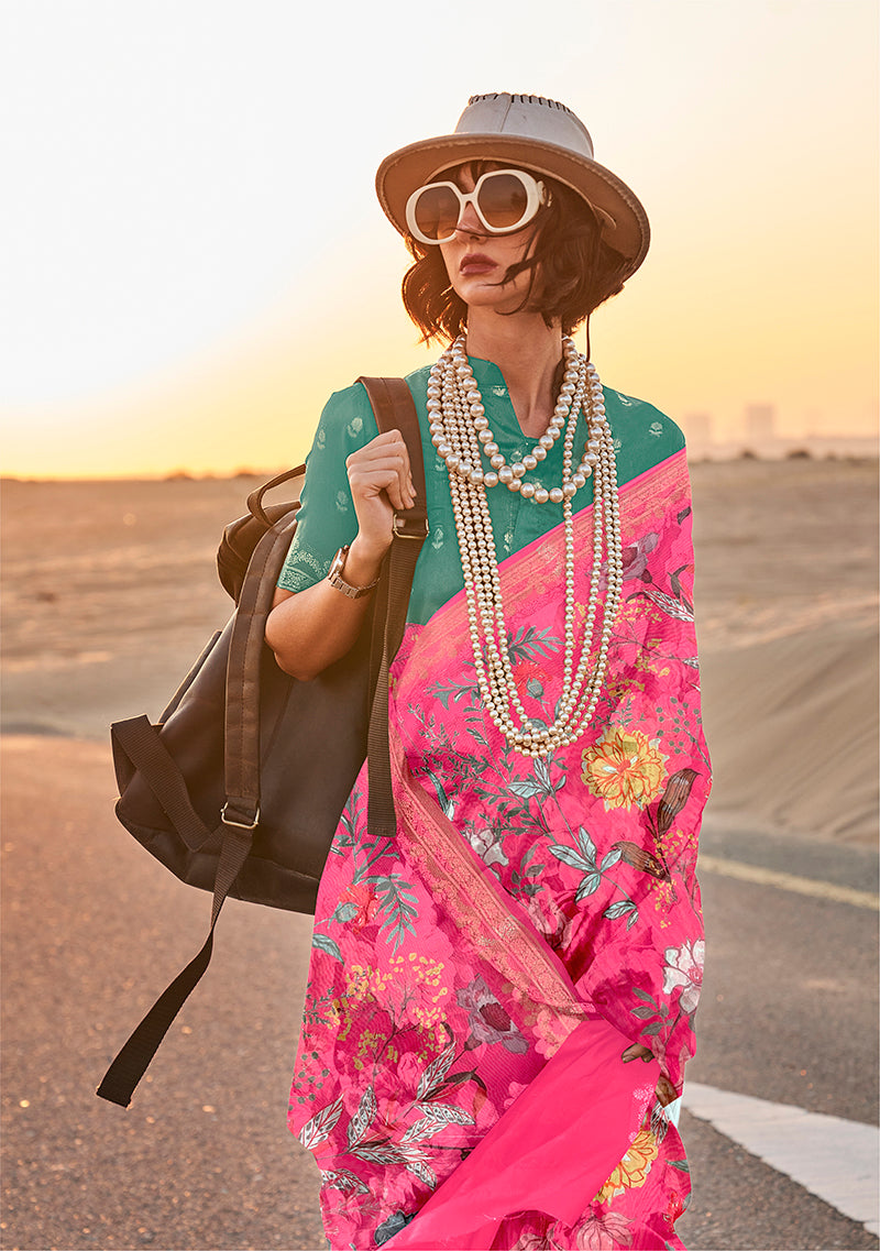 Monjolika Fashion Pink Color Printed Tussar Silk Designer Saree Online