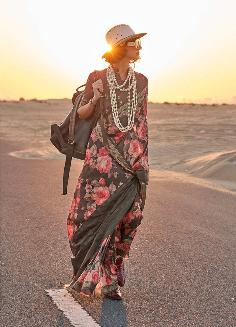 Monjolika Fashion Black Color Printed Tussar Silk Designer Saree Online