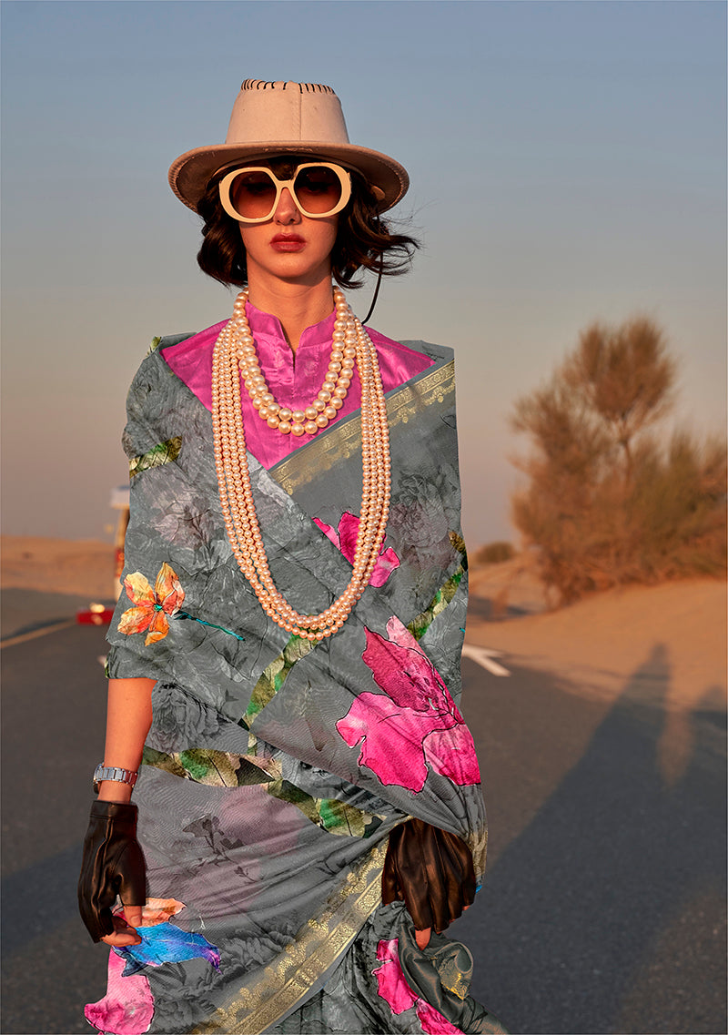 Monjolika Fashion Grey Color Printed Tussar Silk Designer Saree Online