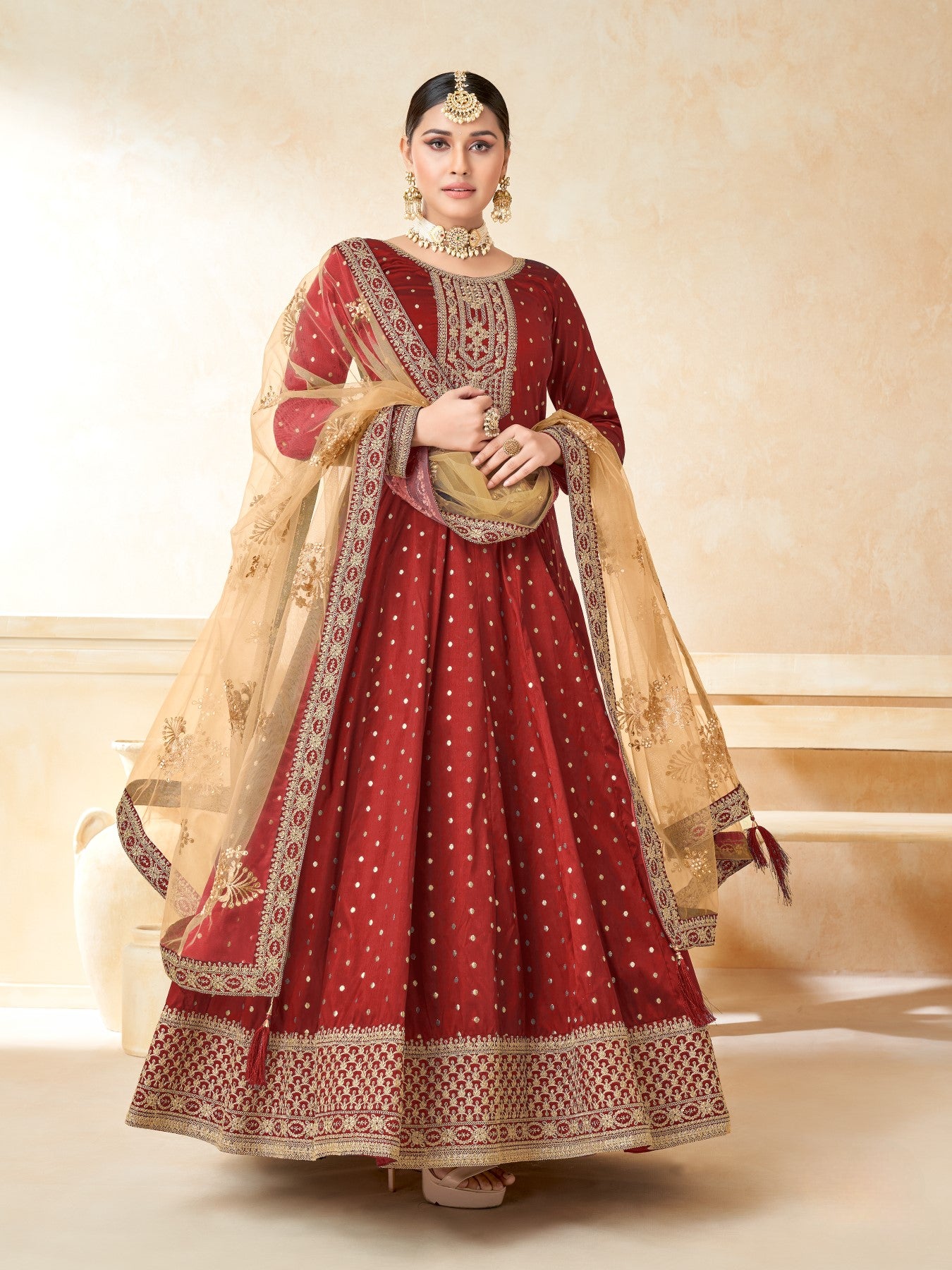 Anaita Maroon Embroidered Tapeta Silk Anarkali Suit - Distacart