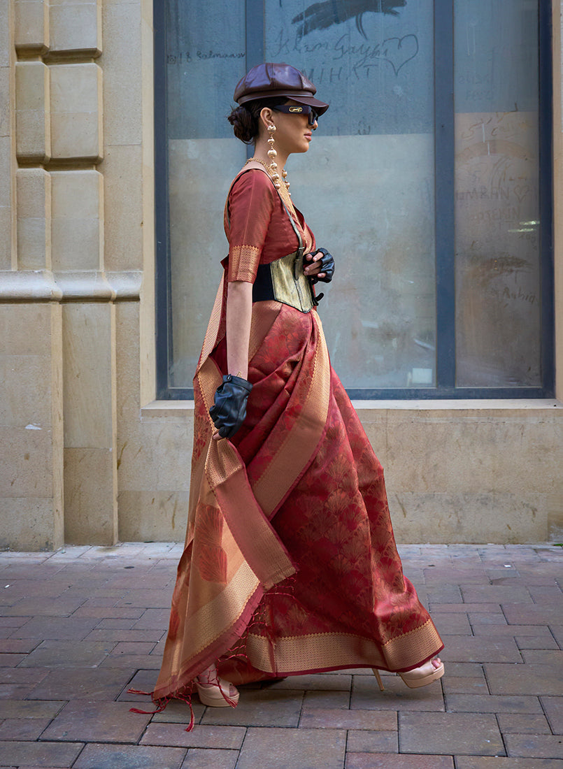 Monjolika Fashion Monjolika Fashion'S Rust Colour Organza Sarees With Blouse