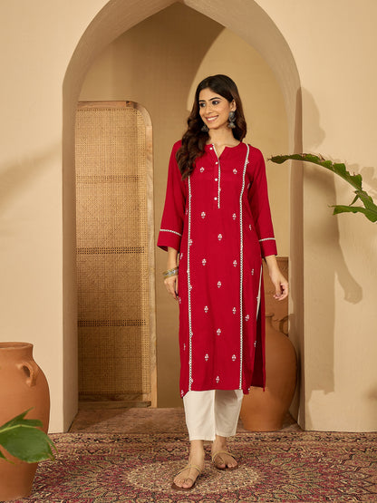 Joban Fashion Red Viscose Rayon Embroidery Readymade Tunic - Distacart