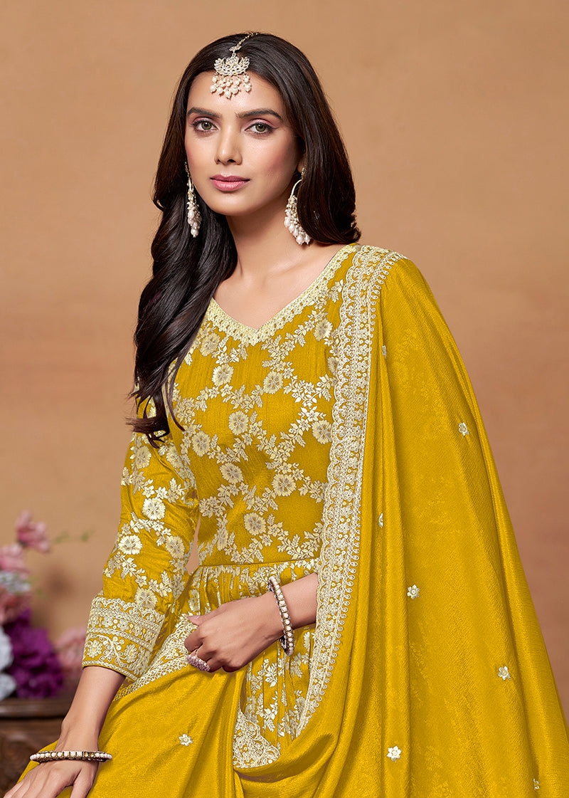 Monjolika Fashion Mustard Color Embroidered Santoon Silk Salwar Suit